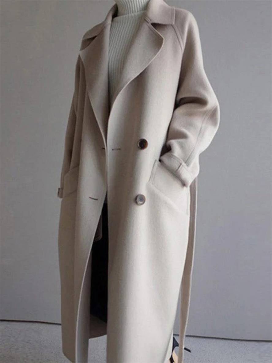 Aurohaya Long Double-Breasted Wool-Look Coat Elegant Women’s Belted Trench Jacket with Pockets