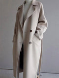Aurohaya Long Double-Breasted Wool-Look Coat Elegant Women’s Belted Trench Jacket with Pockets