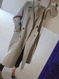 Aurohaya Long Double-Breasted Wool-Look Coat Elegant Women’s Belted Trench Jacket with Pockets