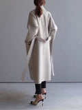 Aurohaya Long Double-Breasted Wool-Look Coat Elegant Women’s Belted Trench Jacket with Pockets