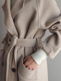 Aurohaya Long Double-Breasted Wool-Look Coat Elegant Women’s Belted Trench Jacket with Pockets