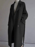 Aurohaya Long Double-Breasted Wool-Look Coat Elegant Women’s Belted Trench Jacket with Pockets