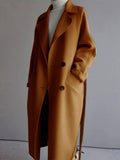 Aurohaya Long Double-Breasted Wool-Look Coat Elegant Women’s Belted Trench Jacket with Pockets