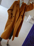 Aurohaya Long Double-Breasted Wool-Look Coat Elegant Women’s Belted Trench Jacket with Pockets