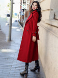 Aurohaya Ankle-Length Double-Breasted Coat Women’s Long Lapel Jacket with Pockets