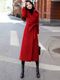 Aurohaya Ankle-Length Double-Breasted Coat Women’s Long Lapel Jacket with Pockets