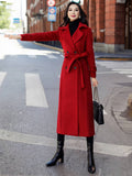 Aurohaya Ankle-Length Double-Breasted Coat Women’s Long Lapel Jacket with Pockets