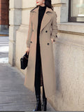 Aurohaya Ankle-Length Double-Breasted Coat Women’s Long Lapel Jacket with Pockets