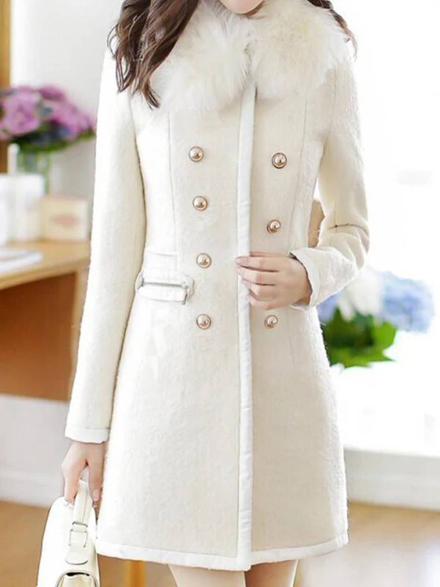Aurohaya Double Breasted Wool Coat with Faux Fur Collar Elegant Winter Jacket for Women