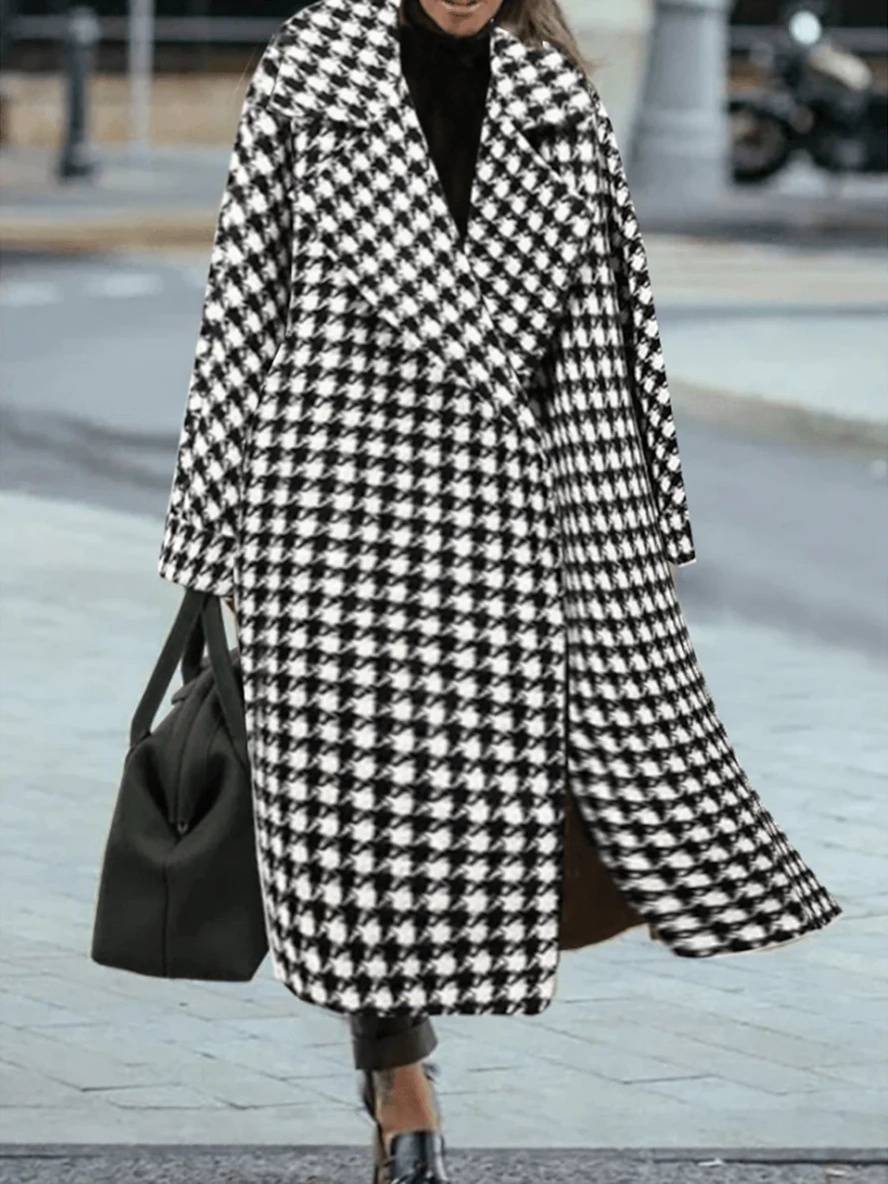 Aurohaya Plaid Wool Coat Women Long Lapel Pockets Oversized Elegant Casual Winter Outerwear