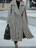 Aurohaya Plaid Wool Coat Women Long Lapel Pockets Oversized Elegant Casual Winter Outerwear