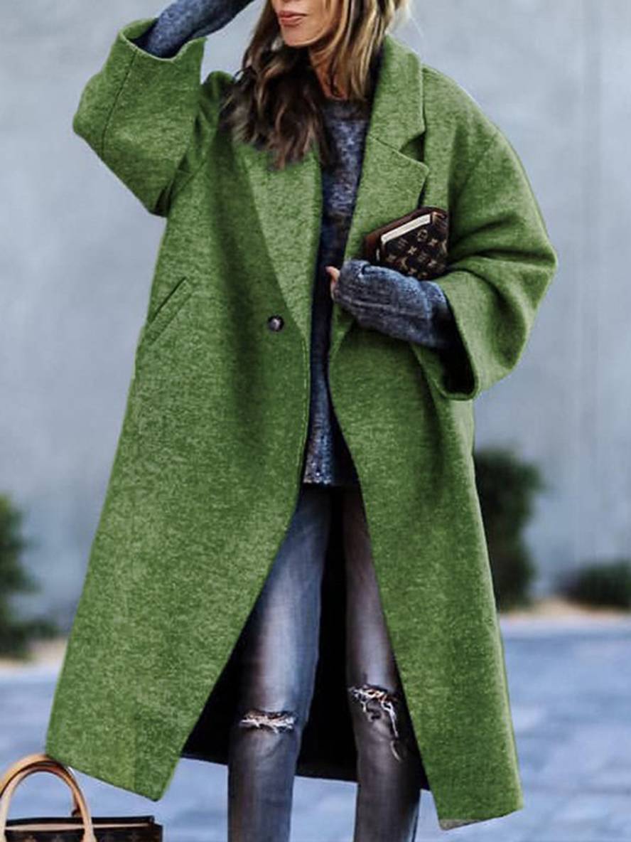 Aurohaya Women's Oversized Wool Coat with Button Detail, Pockets, and Reversible Collar Casual Fashion