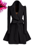 Aurohaya Women's Elegant Long Sleeve Belted Skater Coat, Solid Color, Reversible Collar Stylish Outerwear