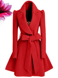 Aurohaya Women's Elegant Long Sleeve Belted Skater Coat, Solid Color, Reversible Collar Stylish Outerwear