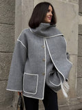 Aurohaya Women's Wool Felt Coat with Fringe Scarf Collar and Button Closure Elegant Casual Jacket