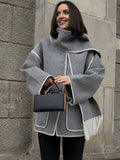 Aurohaya Women's Wool Felt Coat with Fringe Scarf Collar and Button Closure Elegant Casual Jacket