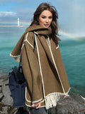 Aurohaya Women's Wool Felt Coat with Fringe Scarf Collar and Button Closure Elegant Casual Jacket