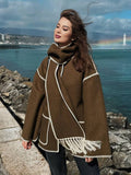 Aurohaya Women's Wool Felt Coat with Fringe Scarf Collar and Button Closure Elegant Casual Jacket