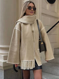 Aurohaya Women's Wool Felt Coat with Fringe Scarf Collar and Button Closure Elegant Casual Jacket