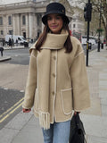 Aurohaya Women's Wool Felt Coat with Fringe Scarf Collar and Button Closure Elegant Casual Jacket