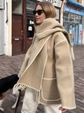 Aurohaya Women's Wool Felt Coat with Fringe Scarf Collar and Button Closure Elegant Casual Jacket