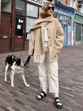 Aurohaya Women's Wool Felt Coat with Fringe Scarf Collar and Button Closure Elegant Casual Jacket