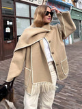 Aurohaya Women's Wool Felt Coat with Fringe Scarf Collar and Button Closure Elegant Casual Jacket