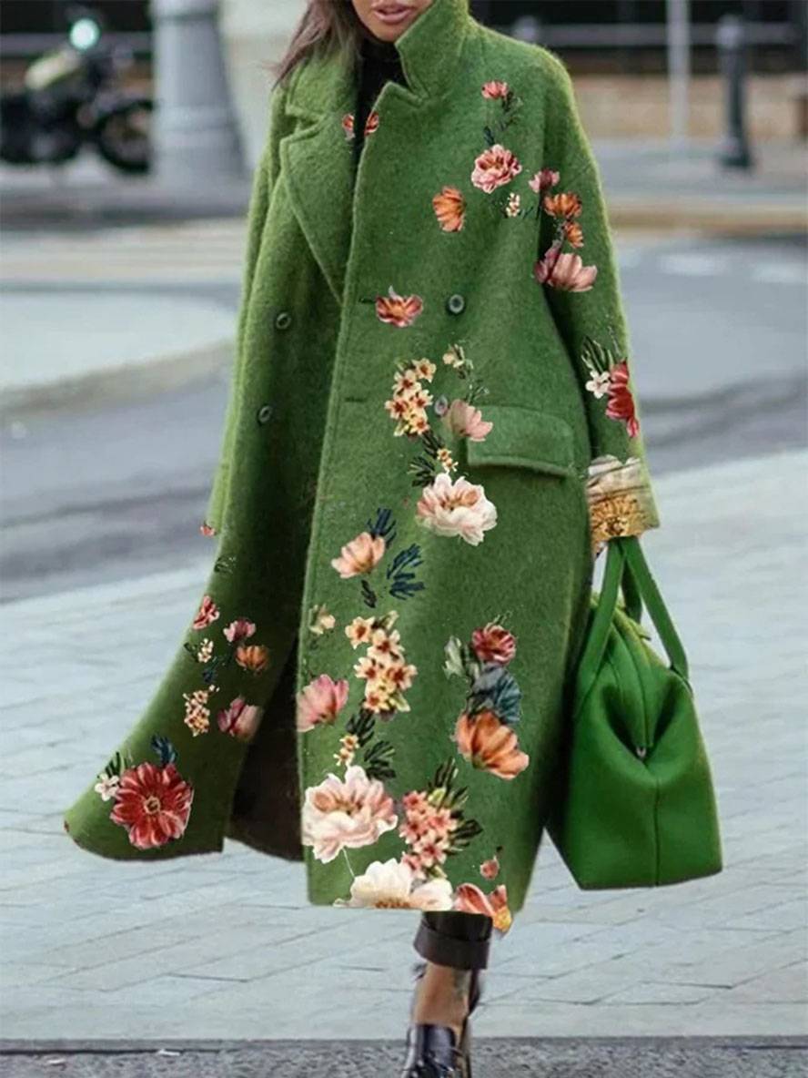Aurohaya Floral Long Wool Coat for Women Elegant Double Breasted Winter Overcoat with Lapel Collar and Pockets
