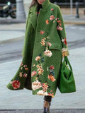 Aurohaya Floral Long Wool Coat for Women Elegant Double Breasted Winter Overcoat with Lapel Collar and Pockets