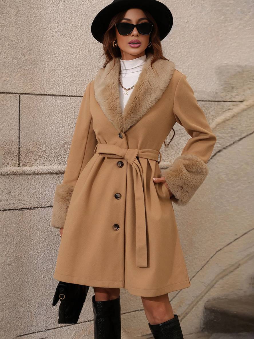 Aurohaya Women's Wool Coat with Faux Fur Collar and Belt Elegant Mid Length Double Breasted Winter Jacket