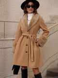 Aurohaya Women's Wool Coat with Faux Fur Collar and Belt Elegant Mid Length Double Breasted Winter Jacket
