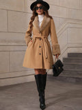 Aurohaya Women's Wool Coat with Faux Fur Collar and Belt Elegant Mid Length Double Breasted Winter Jacket