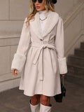 Aurohaya Women's Wool Coat with Faux Fur Collar and Belt Elegant Mid Length Double Breasted Winter Jacket