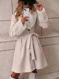 Aurohaya Women's Wool Coat with Faux Fur Collar and Belt Elegant Mid Length Double Breasted Winter Jacket