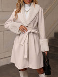 Aurohaya Women's Wool Coat with Faux Fur Collar and Belt Elegant Mid Length Double Breasted Winter Jacket