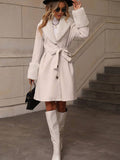 Aurohaya Women's Wool Coat with Faux Fur Collar and Belt Elegant Mid Length Double Breasted Winter Jacket