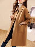 Aurohaya Mid Length Wool Coat for Women Elegant Casual Jacket
