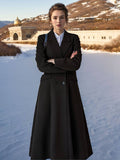 Aurohaya Women's Long Double-Breasted Black Coat Elegant Oversized Winter Coat with Pockets