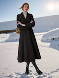 Aurohaya Women's Long Double-Breasted Black Coat Elegant Oversized Winter Coat with Pockets