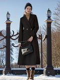 Aurohaya Women's Long Double-Breasted Black Coat Elegant Oversized Winter Coat with Pockets