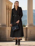 Aurohaya Women's Long Double-Breasted Black Coat Elegant Oversized Winter Coat with Pockets