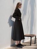 Aurohaya Women's Long Double-Breasted Black Coat Elegant Oversized Winter Coat with Pockets