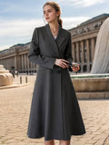 Aurohaya Women's Long Double-Breasted Black Coat Elegant Oversized Winter Coat with Pockets
