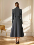 Aurohaya Women's Long Double-Breasted Black Coat Elegant Oversized Winter Coat with Pockets