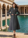 Aurohaya Women's Long Double-Breasted Black Coat Elegant Oversized Winter Coat with Pockets
