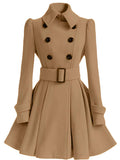 Aurohaya Elegant Woolen Coat with Double Breasted Button, Belt, and Ruffled Hem for Women Casual & Chic Fall/Winter Outerwear