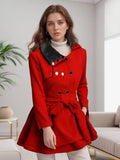 Aurohaya Elegant Double Breasted Coat with Fur Collar, Belt & Ruffled Hem for Women Stylish Fall/Winter Outerwear