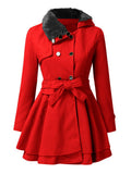 Aurohaya Elegant Double Breasted Coat with Fur Collar, Belt & Ruffled Hem for Women Stylish Fall/Winter Outerwear