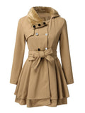 Aurohaya Elegant Double Breasted Coat with Fur Collar, Belt & Ruffled Hem for Women Stylish Fall/Winter Outerwear