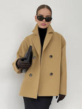 Aurohaya Elegant Woolen Double Breasted Coat for Women Casual & Chic Fall/Winter Outerwear